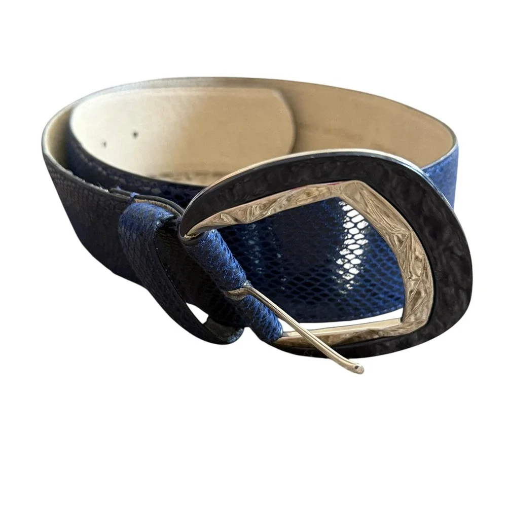 White House Black Market Genuine Leather Snake Embossed Navy Belt Silver‎ Buckle